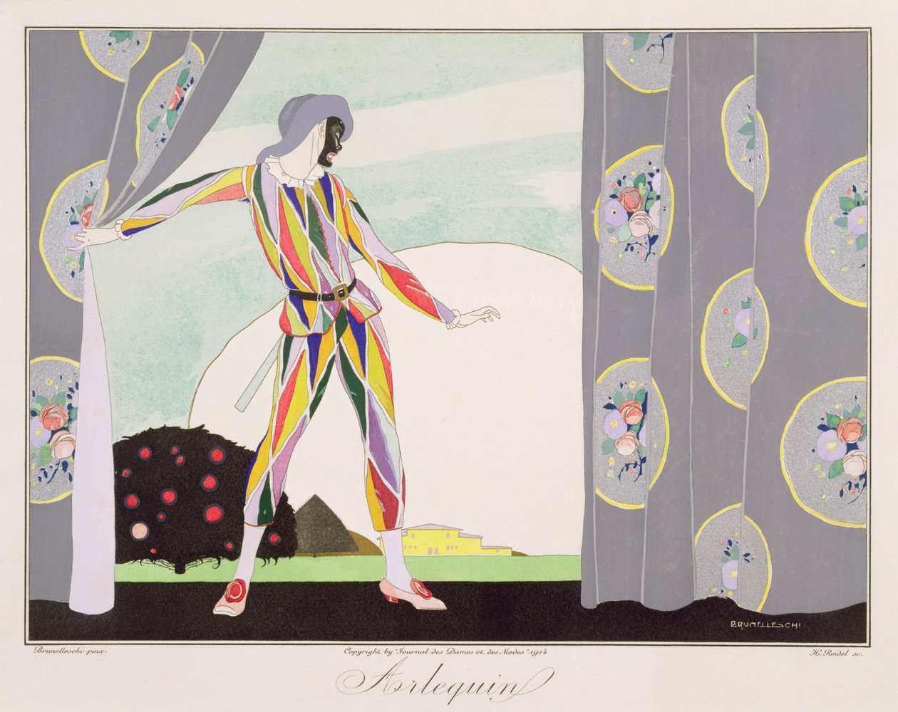 Arlequin, z wydania „Maski i postacie teatru włoskiego” Le Journal des Dames et des Modes, sztychowane przez Henri Reidela (fl. 1914-20) 1914 (kolor lito) autorstwa Umberto (after) Brunelleschi
