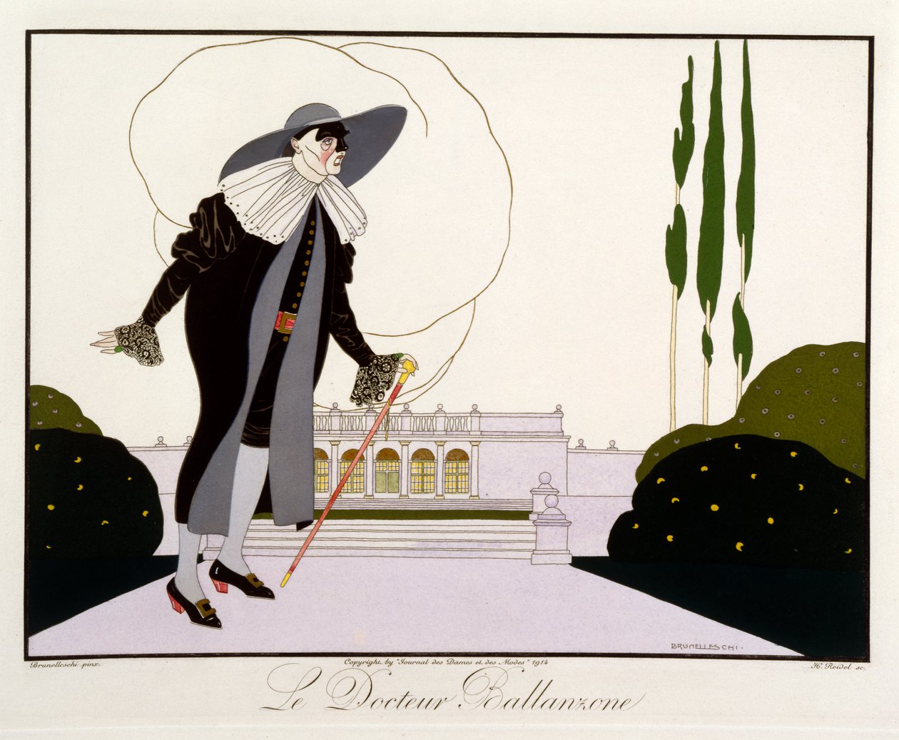 Doktor Ballanzone, z wydania „Maski i postacie teatru włoskiego” Le Journal des Dames et des Modes, sztychowane przez Henri Reidela (fl.1914-20) 1914 (kolor lito) autorstwa Umberto (after) Brunelleschi