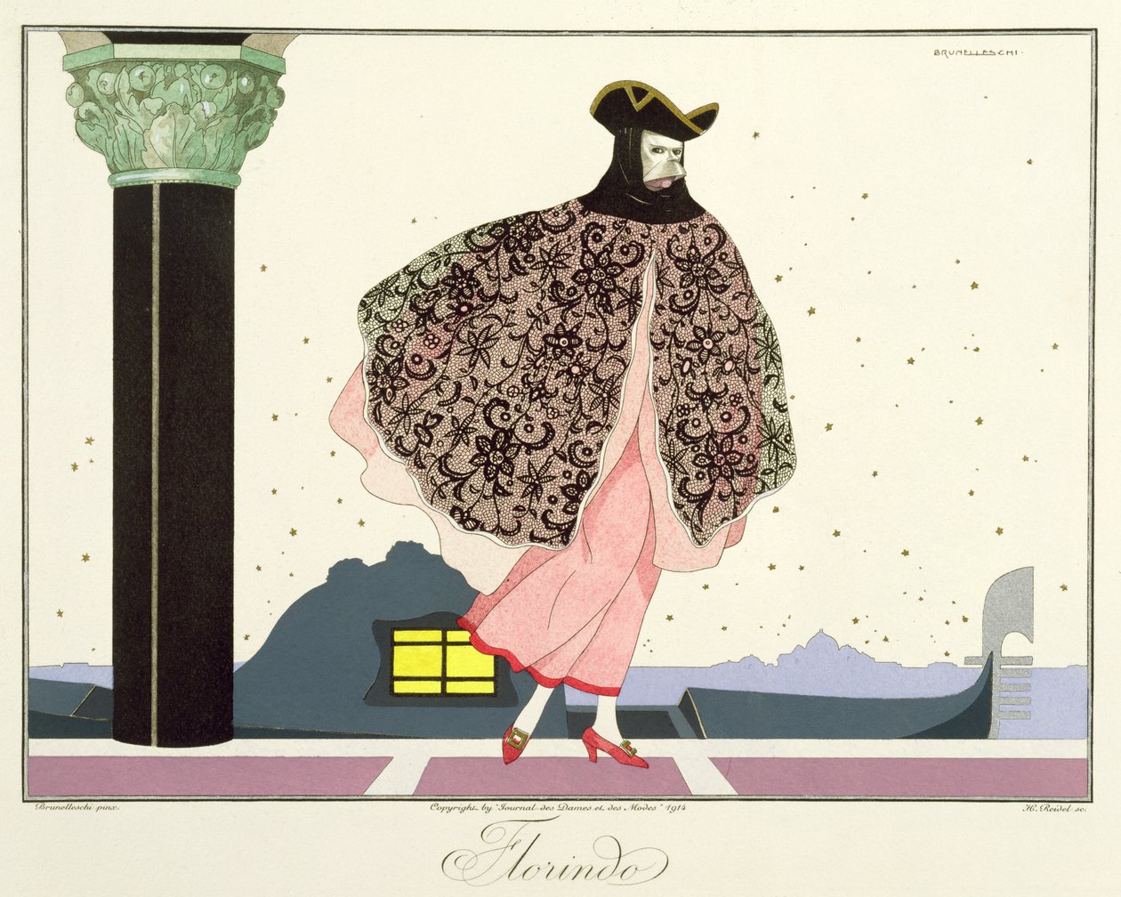 Florindo, z wydania „Maski i postacie teatru włoskiego” Le Journal des Dames et des Modes, sztychowane przez Henri Reidela (fl1914-20) 1914 (kolor litho) autorstwa Umberto (after) Brunelleschi