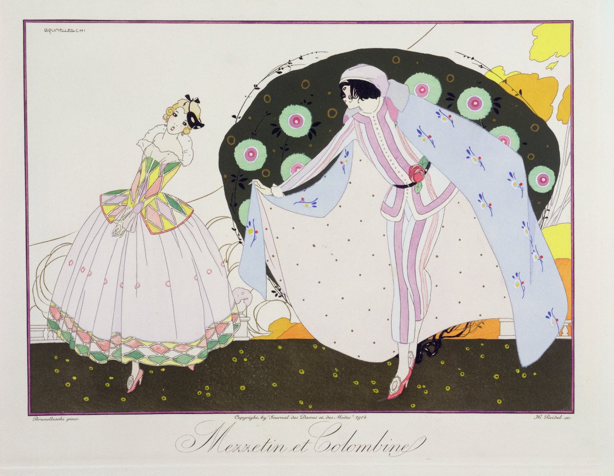 Mezzetin i Colombine, z wydania „Maski i postacie teatru włoskiego” Le Journal des Dames et des Modes, sztychowane przez Henri Reidela (fl. 1914-20) 1914 (kolor lito) autorstwa Umberto (after) Brunelleschi