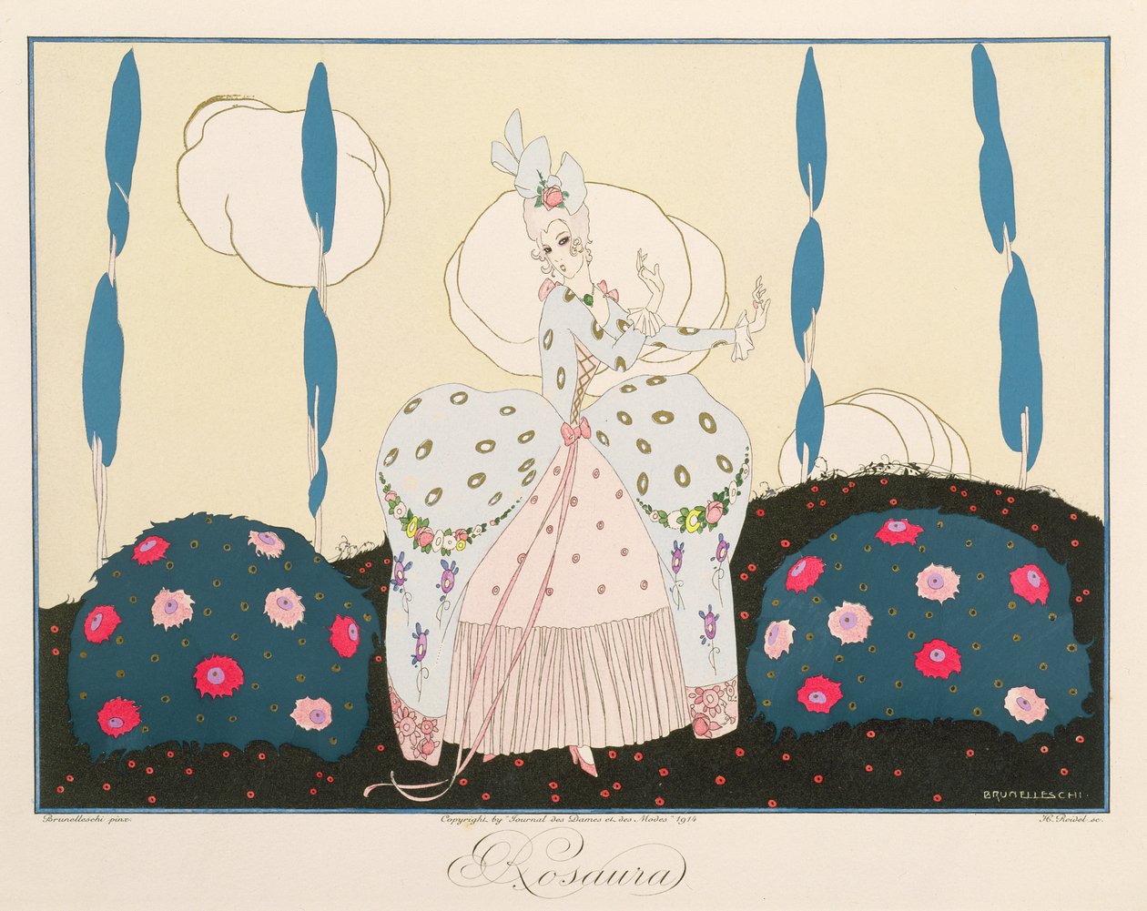 Rosaura, z wydania „Maski i postacie teatru włoskiego” Le Journal des Dames et des Modes, sztychowane przez Henri Reidela (fl. 1914-20) 1914 (kolor litho) autorstwa Umberto (after) Brunelleschi