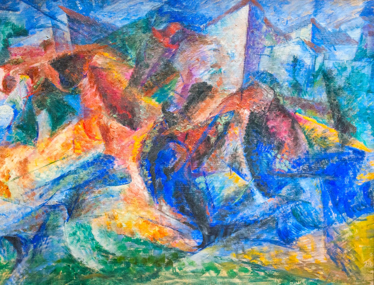 Koń, jeździec i budynki autorstwa Umberto Boccioni