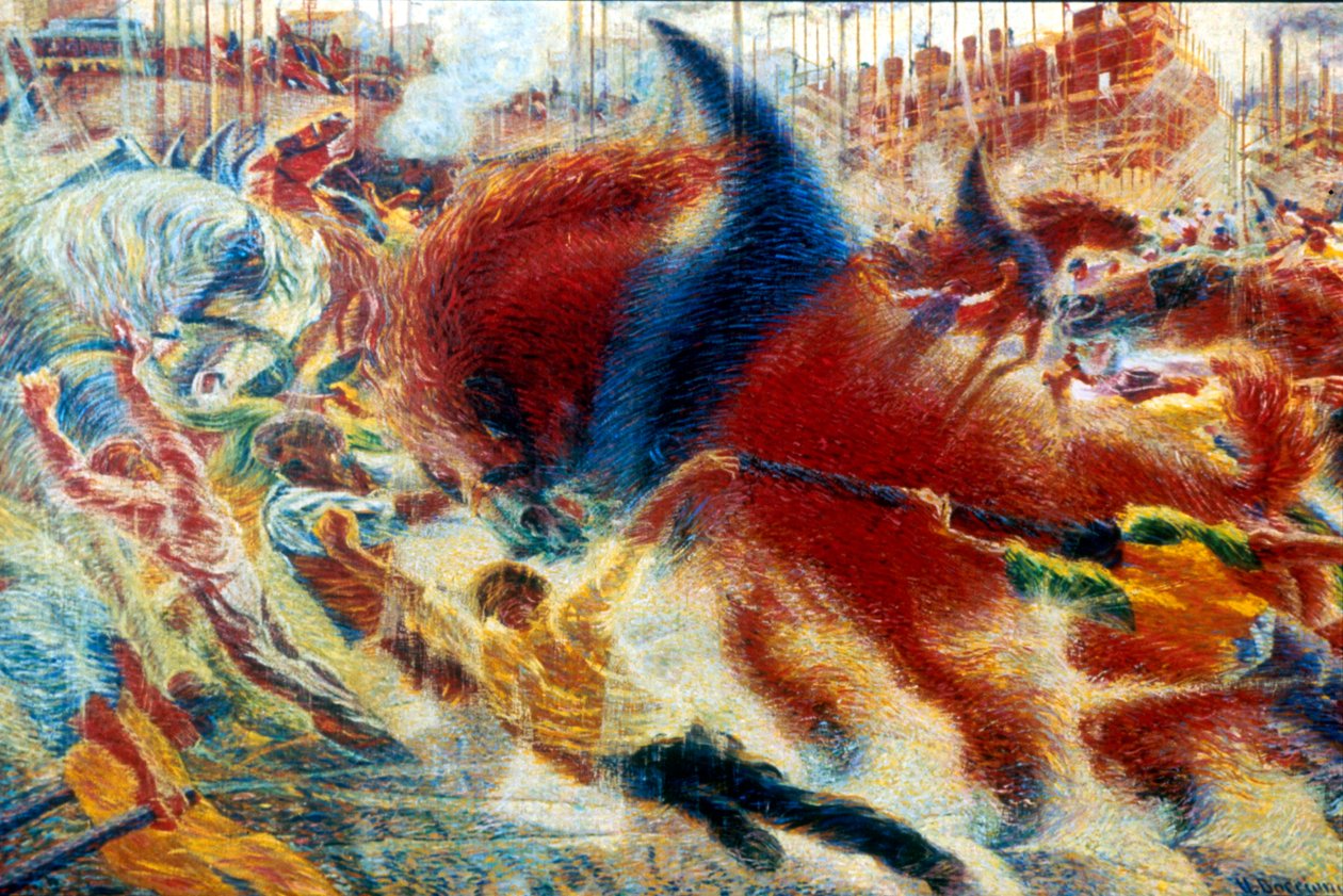 „Miasto się budzi”, 1910 autorstwa Umberto Boccioni