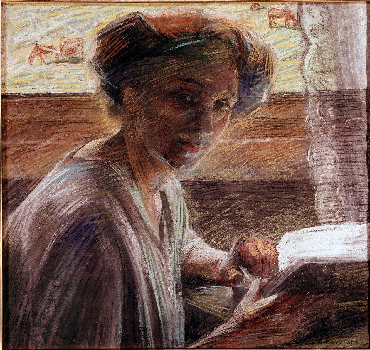 Portret siostry malarza czytającego pastelowy obraz Umberto Boccioniego (1882-1916) 1908 nd. 54x58 cm Wenecja, Galleria d