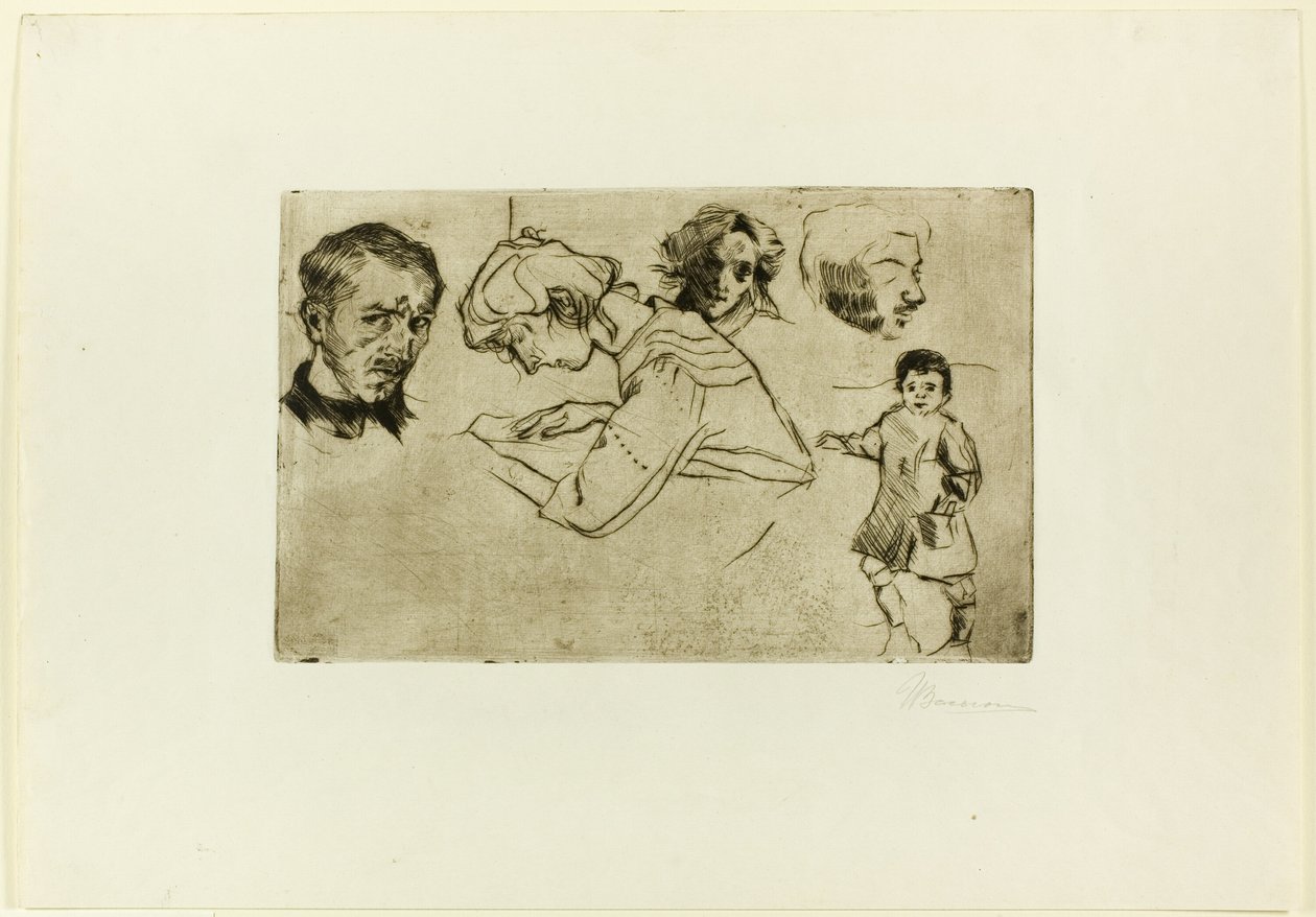 Szkice czterech głów i dziecka autorstwa Umberto Boccioni