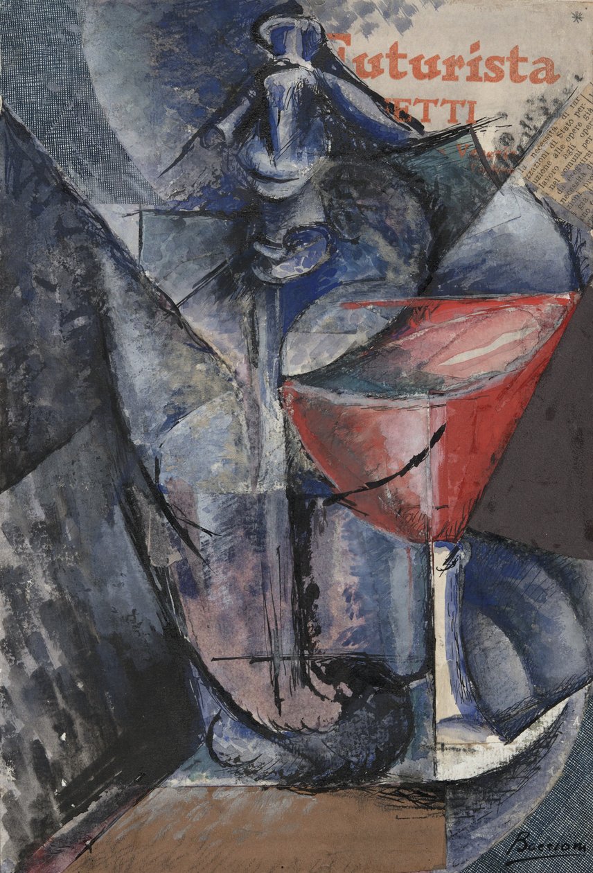 Martwa natura: szkło i syfon, ok. 1914 (kolaż, gwasz, pióro i atrament) autorstwa Umberto Boccioni