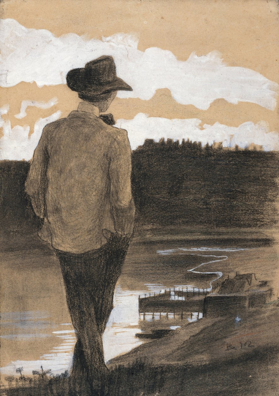 Młody człowiek na brzegu rzeki, 1902 (gwasz, węgiel i pastel na papierze) autorstwa Umberto Boccioni