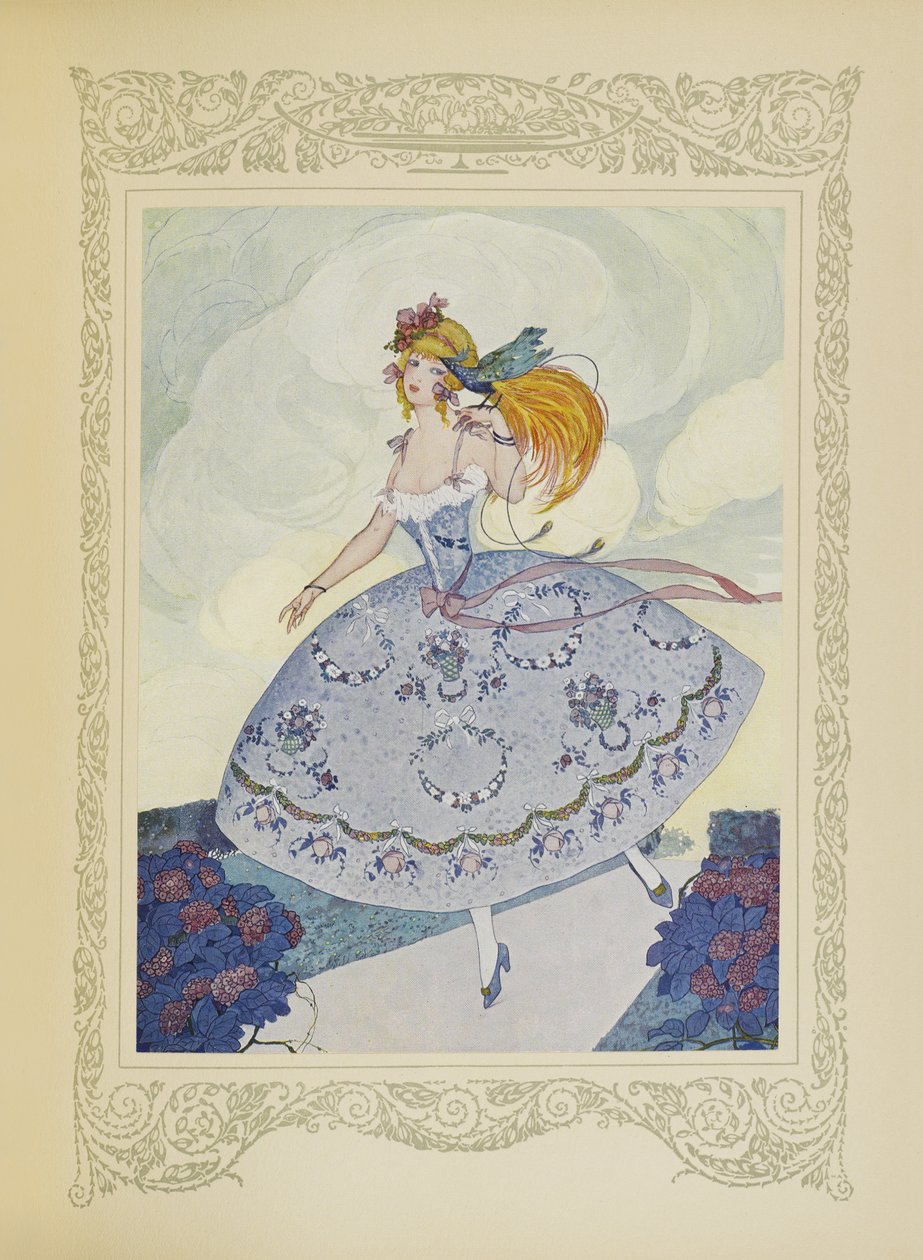 Chéri leciała na ramieniu Zelii, która była zachwycona słodyczą tego małego zwierzątka, ilustracja z „Contes du Temps Jadis”, czyli „Tales from Times Past”, s. 114 autorstwa Umberto Brunelleschi