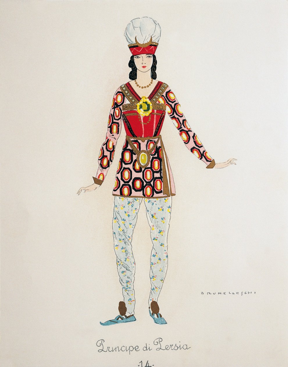 Kostium dla Księcia Persji z Turandot Giacomo Pucciniego, szkic Umberto Brunelleschiego (1879-1949) do prawykonania opery w Teatro alla Scala w Mediolanie, 25 kwietnia autorstwa Umberto Brunelleschi