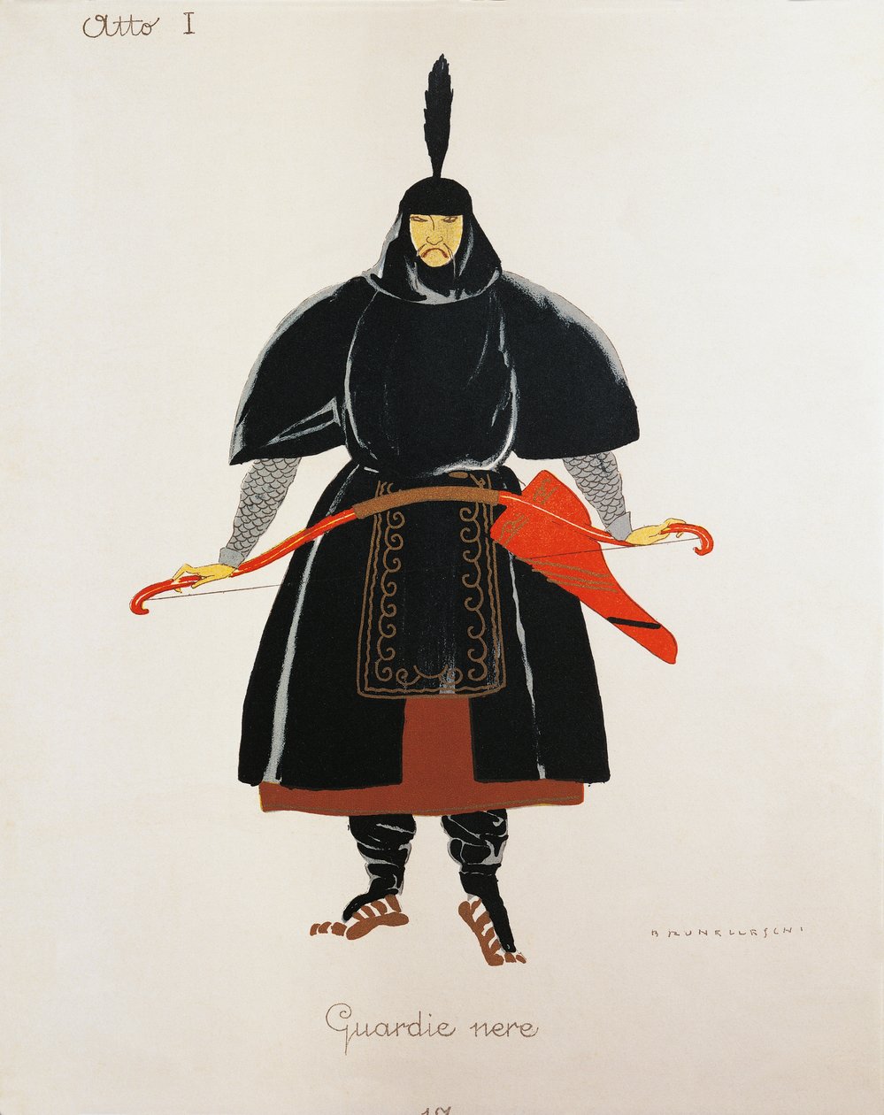 Kostium dla czarnych gwardzistów z Turandot Giacomo Pucciniego, szkic Umberto Brunelleschi (1879-1949) do prawykonania opery w Teatro alla Scala w Mediolanie, 25 kwietnia autorstwa Umberto Brunelleschi