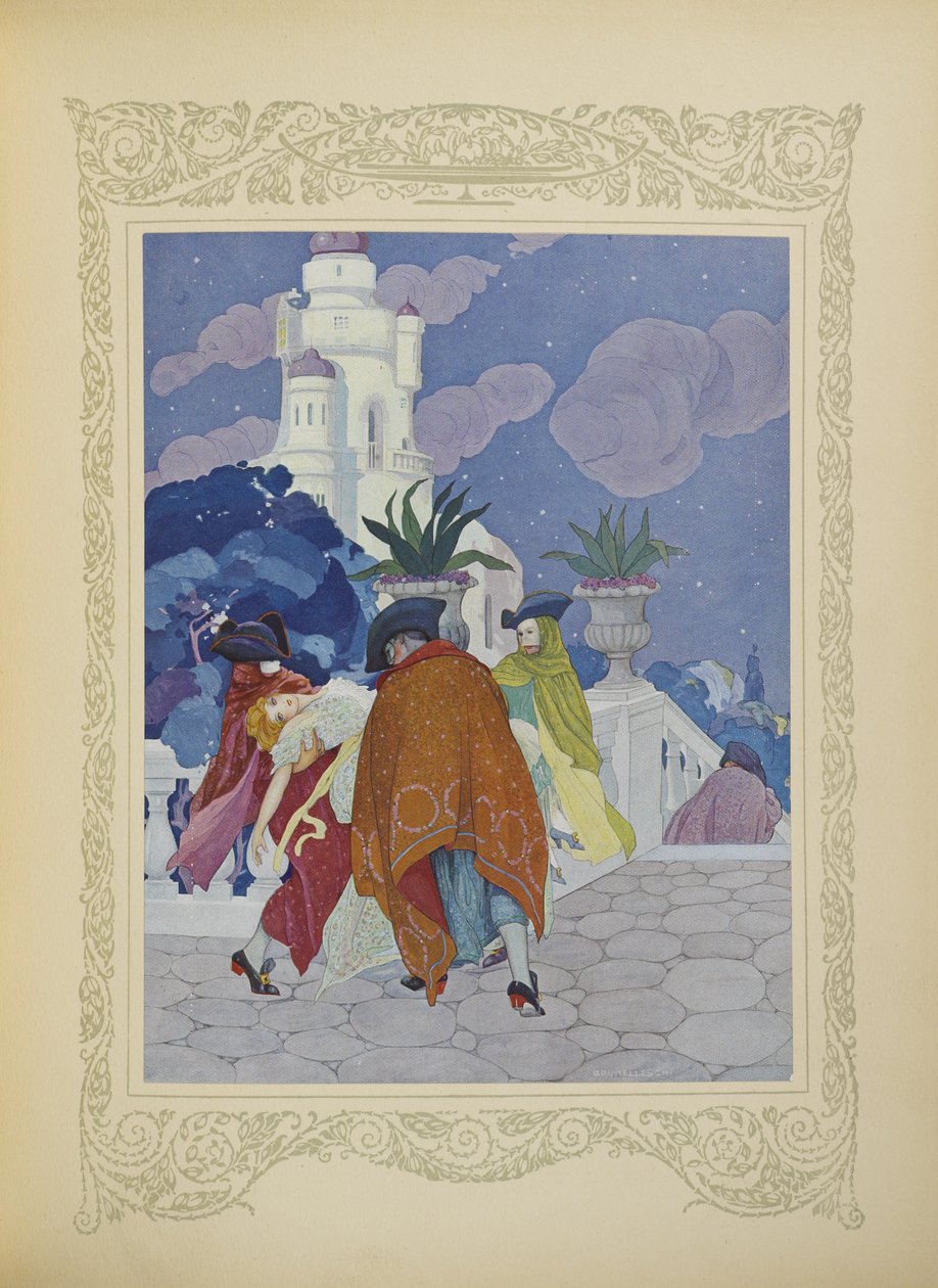 Czterech zamaskowanych mężczyzn zaniosło ją na szczyt wieży, ilustracja z „Contes du Temps Jadis”, czyli „Opowieści z przeszłości”, s. 22 autorstwa Umberto Brunelleschi