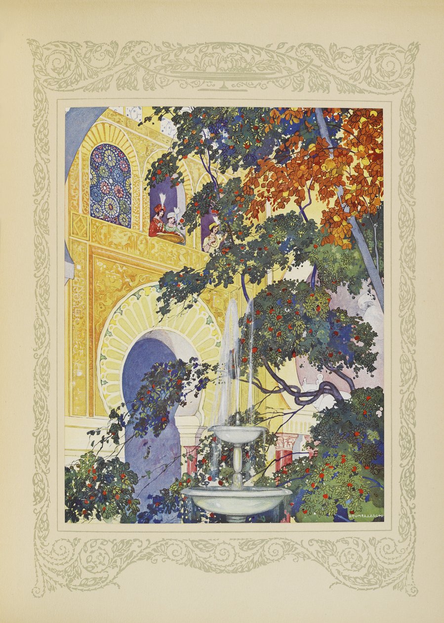 Nonchalante i Babillarde, którzy często byli przy oknach, nie omieszkali zobaczyć owocu, ilustracja z „Contes du Temps Jadis”, czyli „Opowieści z minionych czasów”, s. 94 autorstwa Umberto Brunelleschi