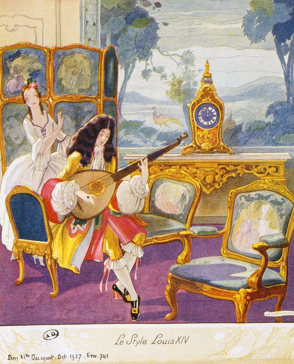 Scena w stylu Ludwika XIV, oprawa teatralna, akwarela autorstwa Umberto Brunelleschi