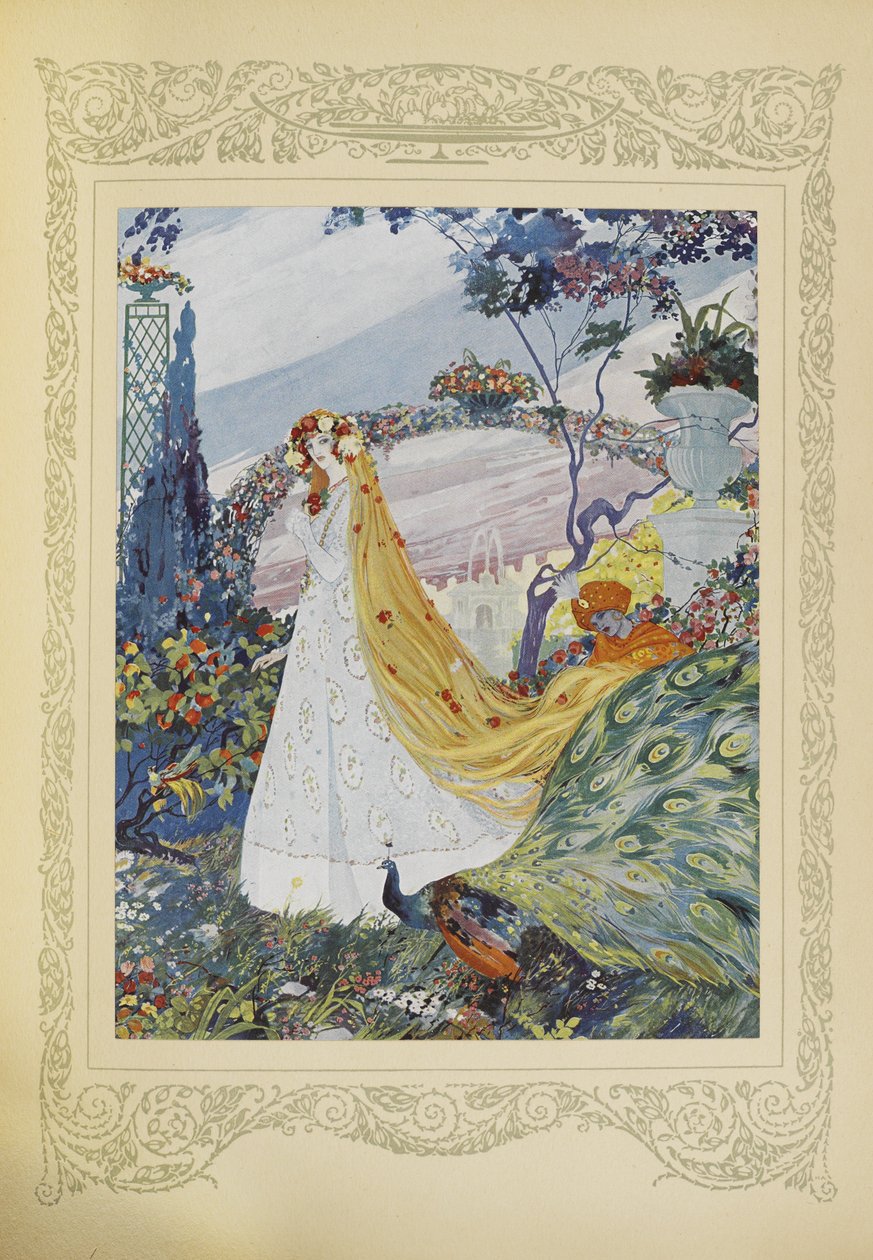 Zawsze zakrywała swoje kręcone włosy koroną z kwiatów na głowie, ilustracja z „Contes du Temps Jadis” lub „Tales from Times Past”, s.10 autorstwa Umberto Brunelleschi