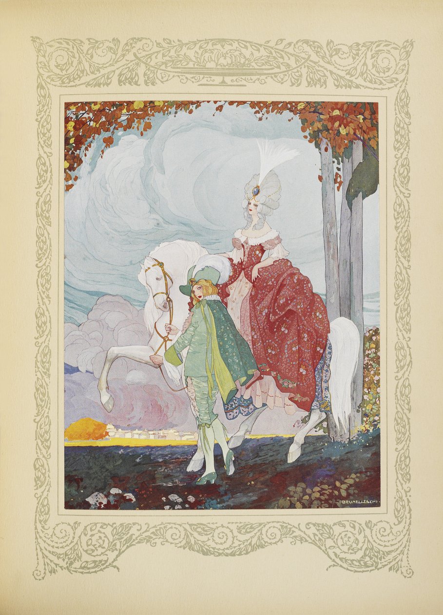 Paź wziął konia księżniczki za uzdę i prowadził, ilustracja z „Contes du Temps Jadis”, czyli „Opowieści z przeszłości”, s.10 autorstwa Umberto Brunelleschi