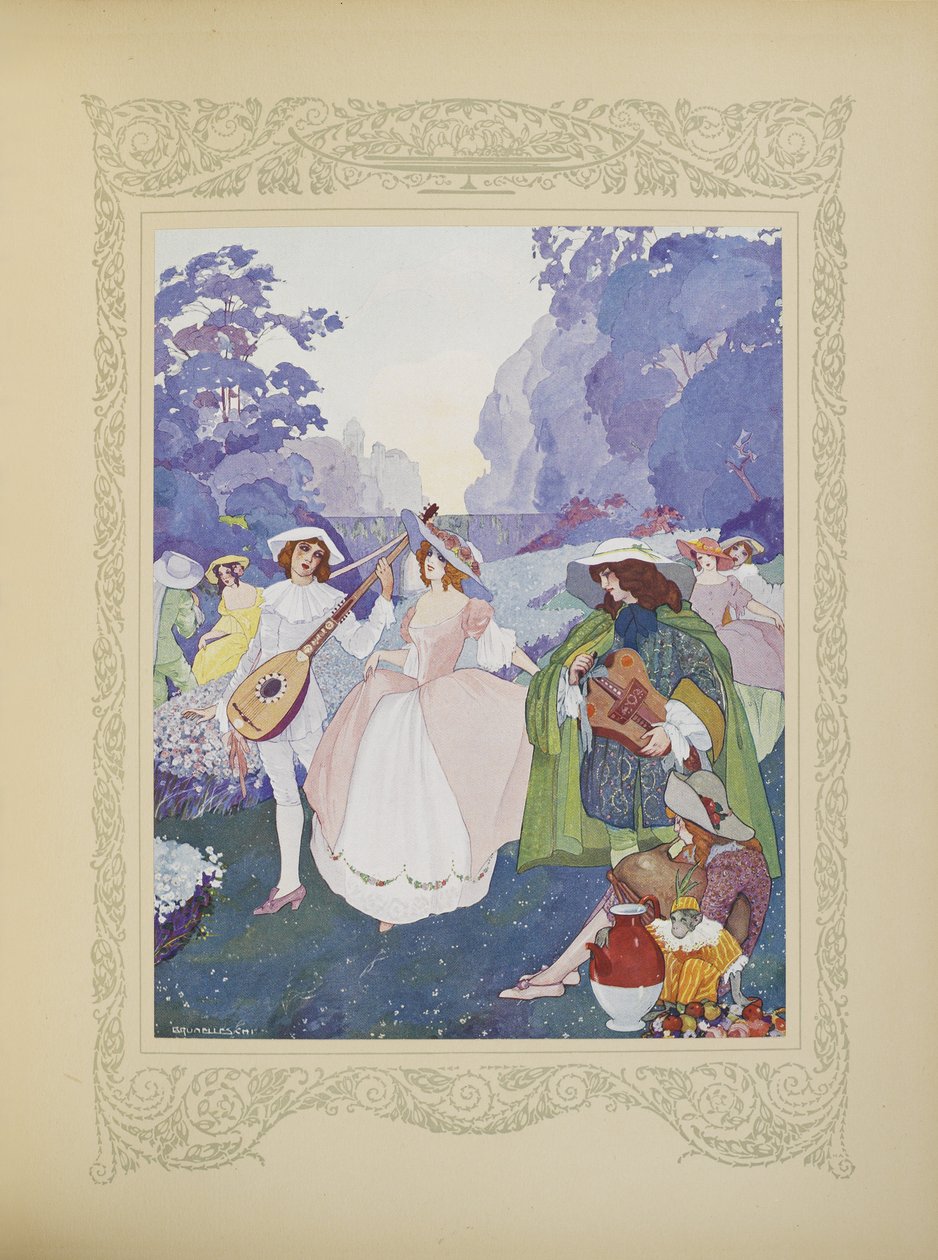 Byli pasterze i pasterki tańczące przy dźwiękach fletów i dud, ilustracja z „Contes du Temps Jadis”, czyli „Tales from Times Past”, s. 74 autorstwa Umberto Brunelleschi