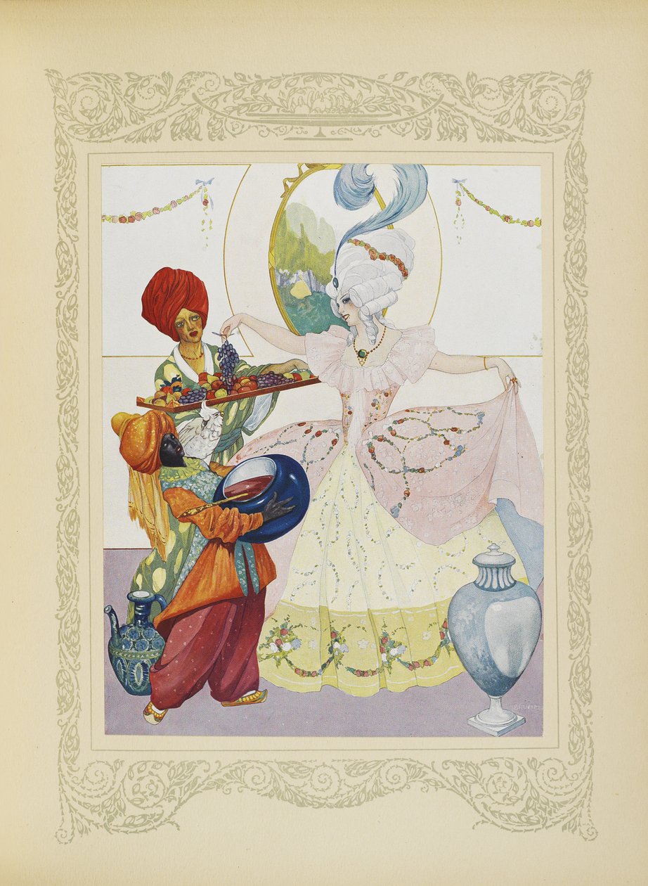 Napełnialiśmy miski, podawaliśmy jej owoce i słoiki z dżemem, ilustracja z „Contes du Temps Jadis”, czyli „Tales from Times Past”, s.56 autorstwa Umberto Brunelleschi