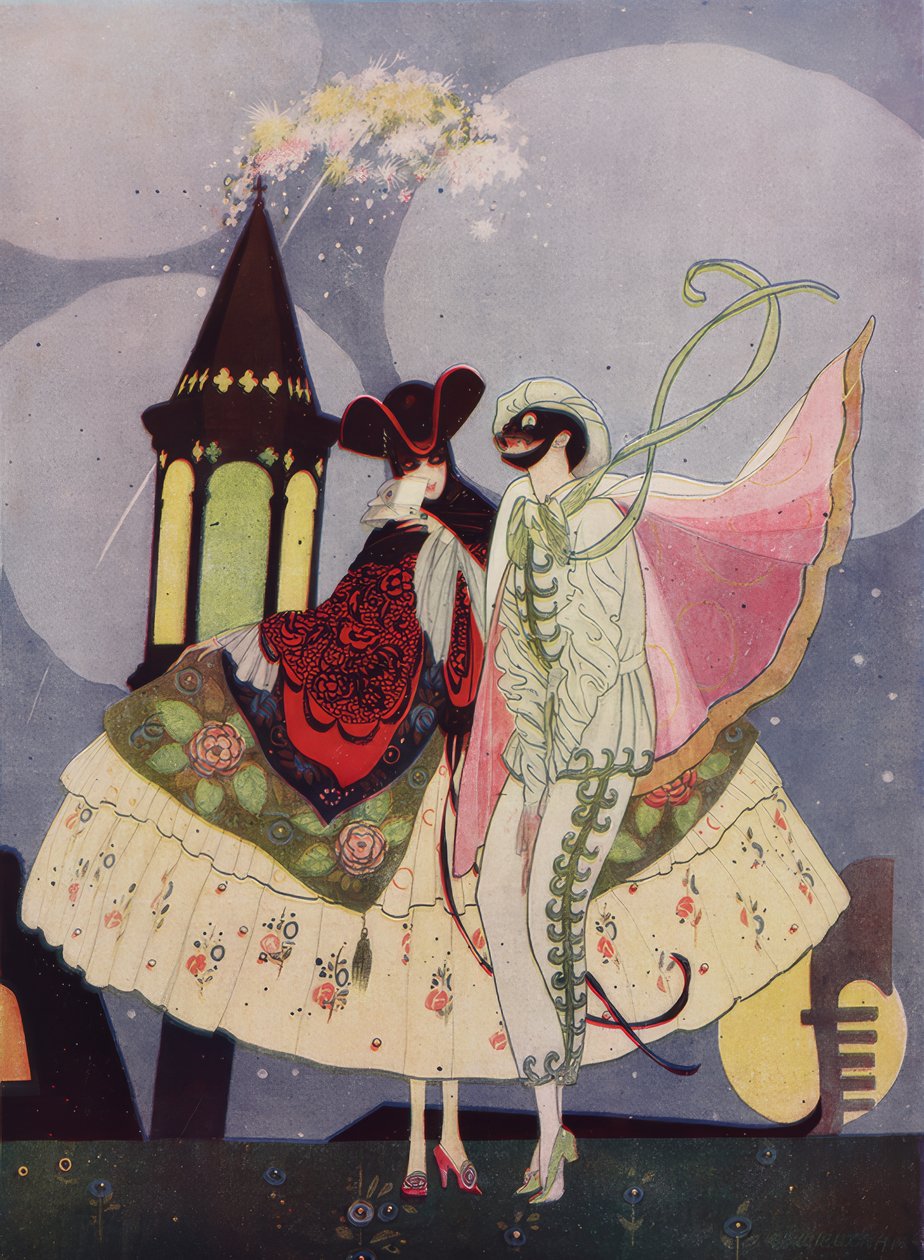 Dwie maski weneckie i gondola w zakładzie Carnevale autorstwa Umberto Brunelleschi