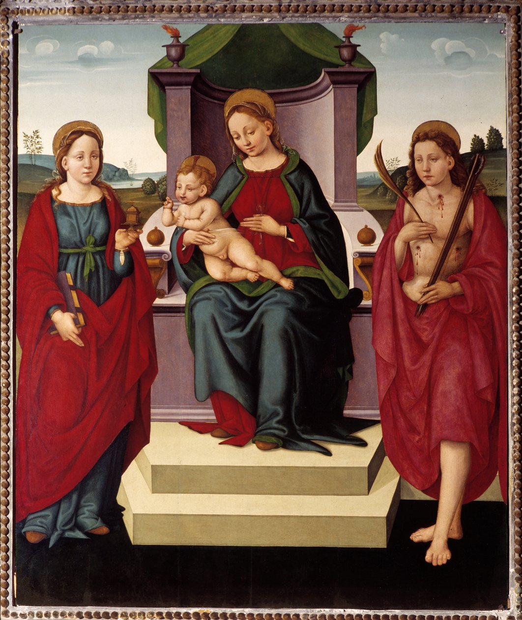 Madonna na tronie między św. Magdaleną a Sebastianem (olej na płótnie) autorstwa Umbrian School