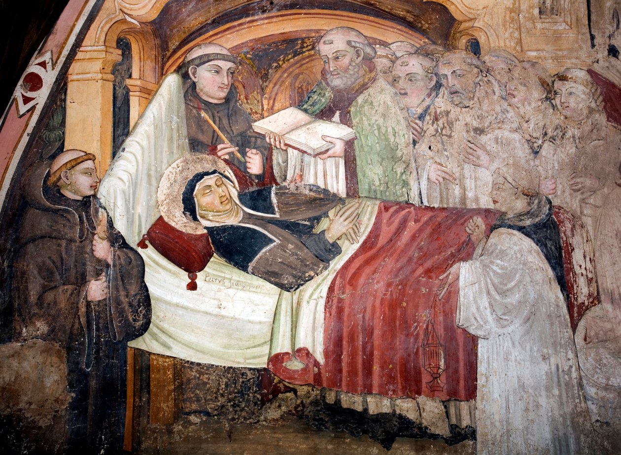 Śmierć św. Skolastyka (w. 480- w. 543), siostry św. Benedykta z Nursji Otoczona jest przez mnichów benedyktyńskich. Fresk szkoły umbryjskiej z XV wieku. Klasztor św Benedeta (Sacro Speco), Subiaco (Rzym), Włochy autorstwa Umbrian School