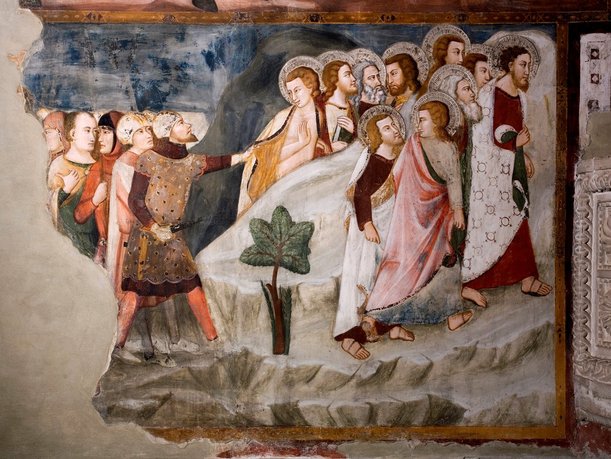 Ucieczka przed apostołami. Szczegół. Fresk szkoły umbryjskiej z XV wieku. Kościół Superior. Klasztor św Benedeta (Sacro Speco), Subiaco (Rzym), Włochy autorstwa Umbrian School