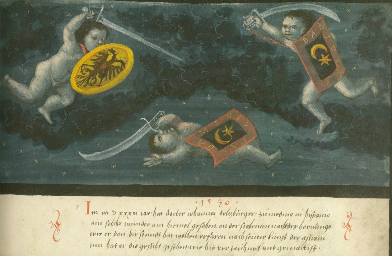 Augsburger Wunderzeichenbuch - Folio 134 Niebiańska bitwa trojga dzieci 1536 autorstwa Unbekannt Unbekannt