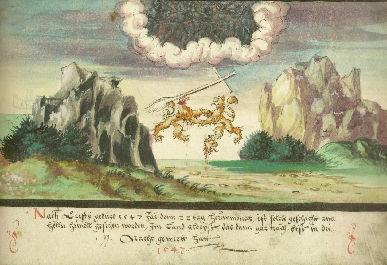 Augsburger Wunderzeichenbuch - Folio 157 - Niebiańska bitwa, Lwy nad Glarus autorstwa Unbekannt Unbekannt