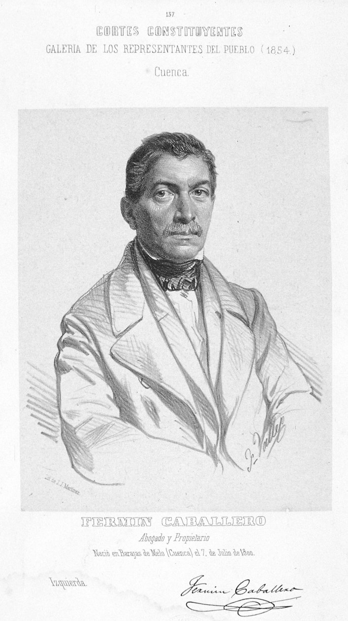 Czarno-biały rycina hiszpańskiego geografa, dziennikarza, pisarza, polityka i mówcy Fermina Caballero (1800-1876) autorstwa Unbekannt Unbekannt