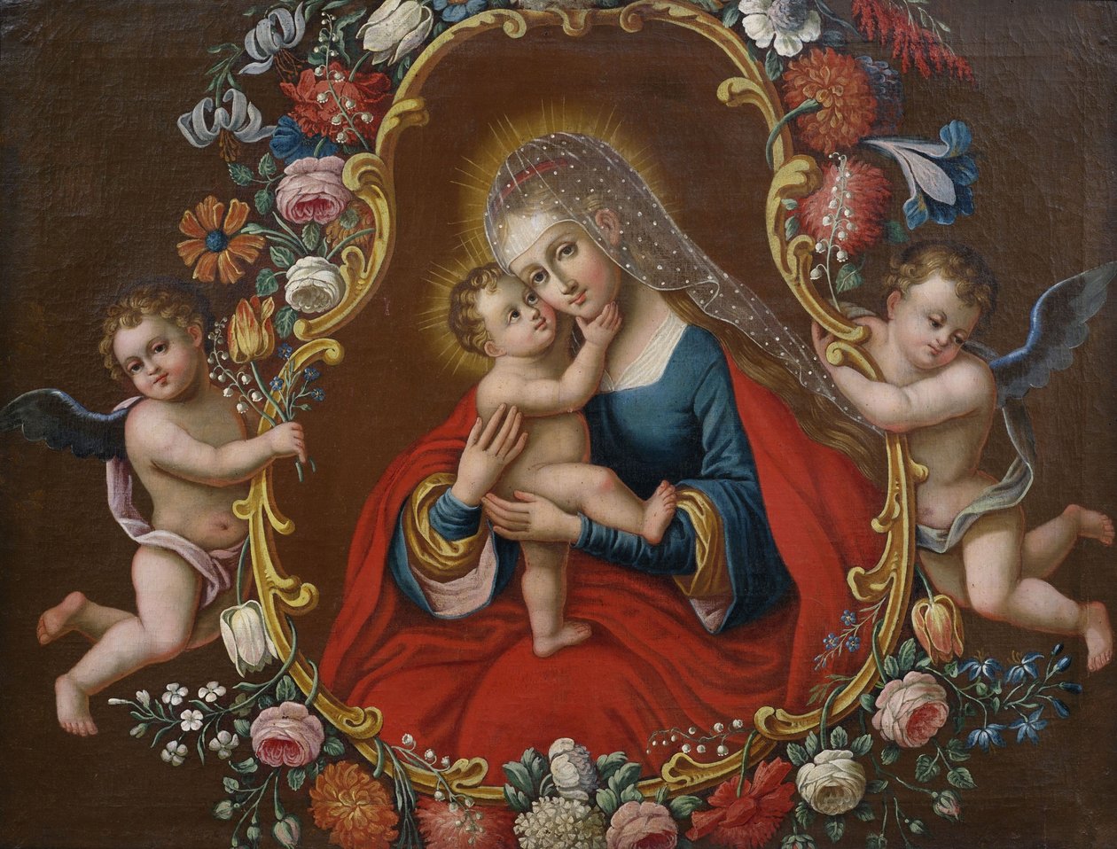 Maria z dzieckiem (typ Maria Hilf wg Cranach), oprawiona wiankiem z kwiatów niesionym przez anioły autorstwa Unbekannt Unbekannt