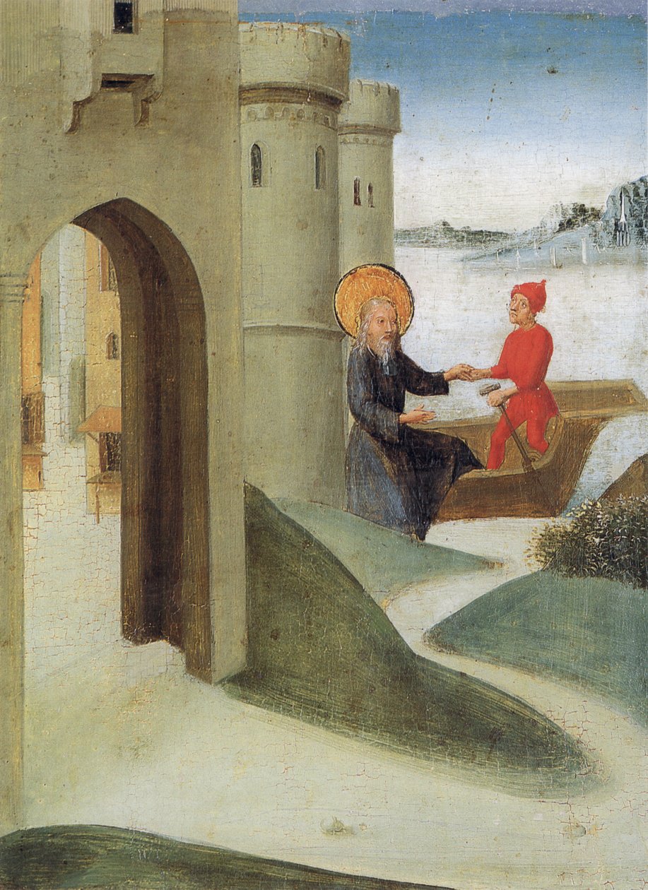 Panel Świętej Krwi w Weingarten z 1489 r. Landesmuseum Württemberg, Stuttgart.
 Tablica 4: Longinus opuszcza Jerozolimę i płynie na statku do Włoch autorstwa Unbekannt Unbekannt