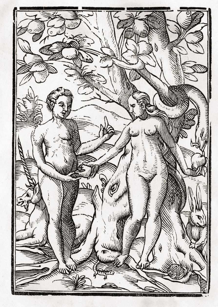 Adam i Ewa w ogrodzie Eden, z „Der Todten Tanz”, opublikowana w Bazylei, 1843 autorstwa Unbekannt Unbekannt