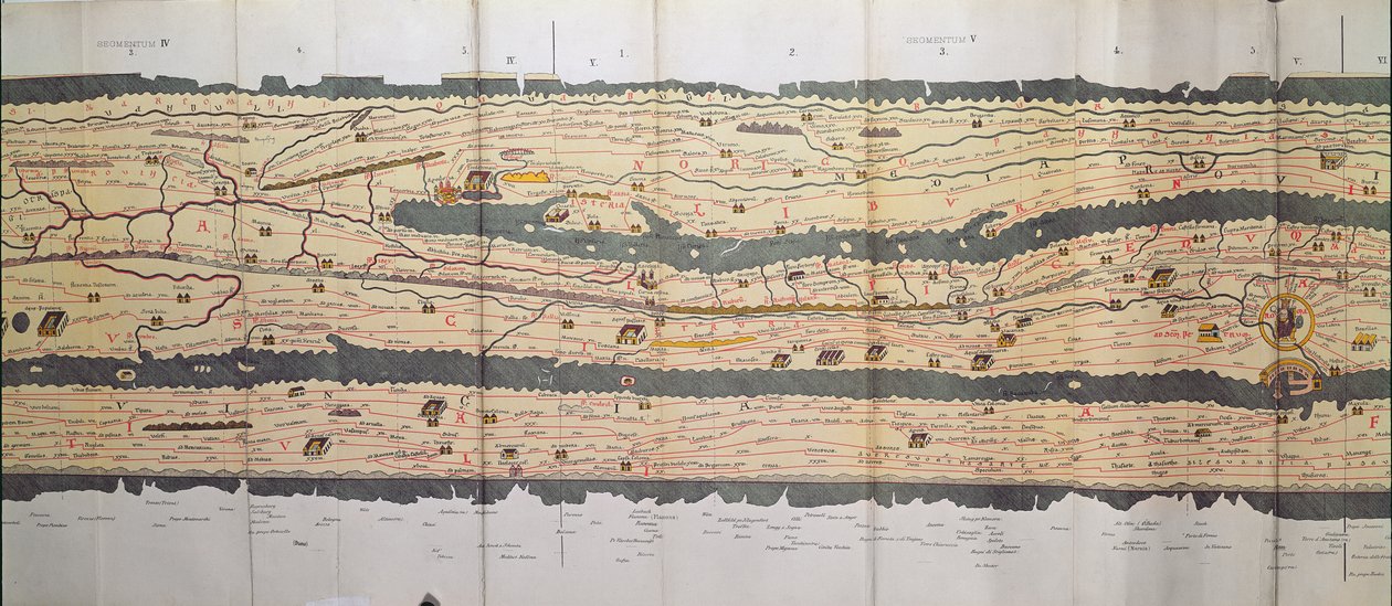 Część Tabula Peutingeriana (tablica Peutingera, mapa Peutingera), ilustrowane itinerarium sieci dróg w Cesarstwie Rzymskim Fragment Włoch z kopii mapy Peutinger autorstwa Unbekannt Unbekannt