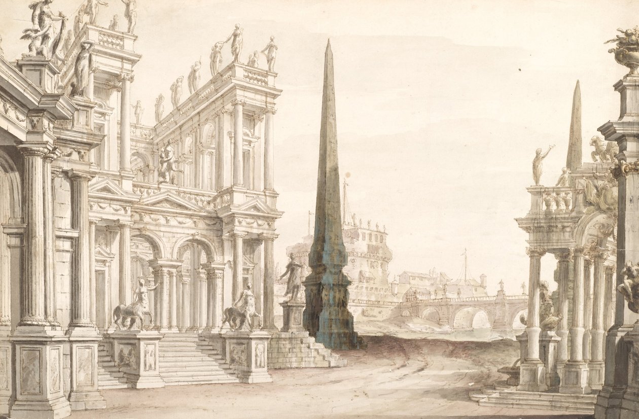 Scenografia przedstawiająca Fantazję Rzymu z Castel Sant Angelo, Ponte Elio i Centaurs Ari... autorstwa Unbekannt Unbekannt