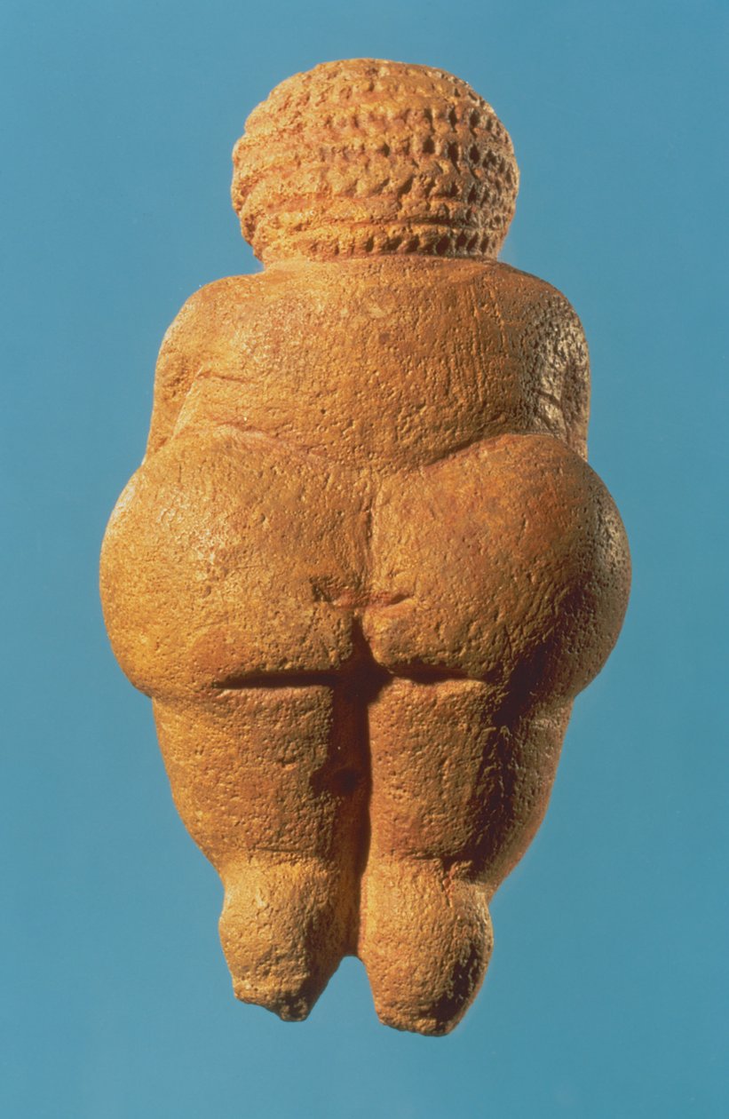 Wenus z Willendorfu, widok z tyłu kobiecej figurki, kultura grawecka, okres górnego paleolitu, ok. 30000-18000 pne (wapień oolitowy zabarwiony czerwoną ochrą) (patrz także 54145 i 93777) autorstwa Unbekannt Unbekannt