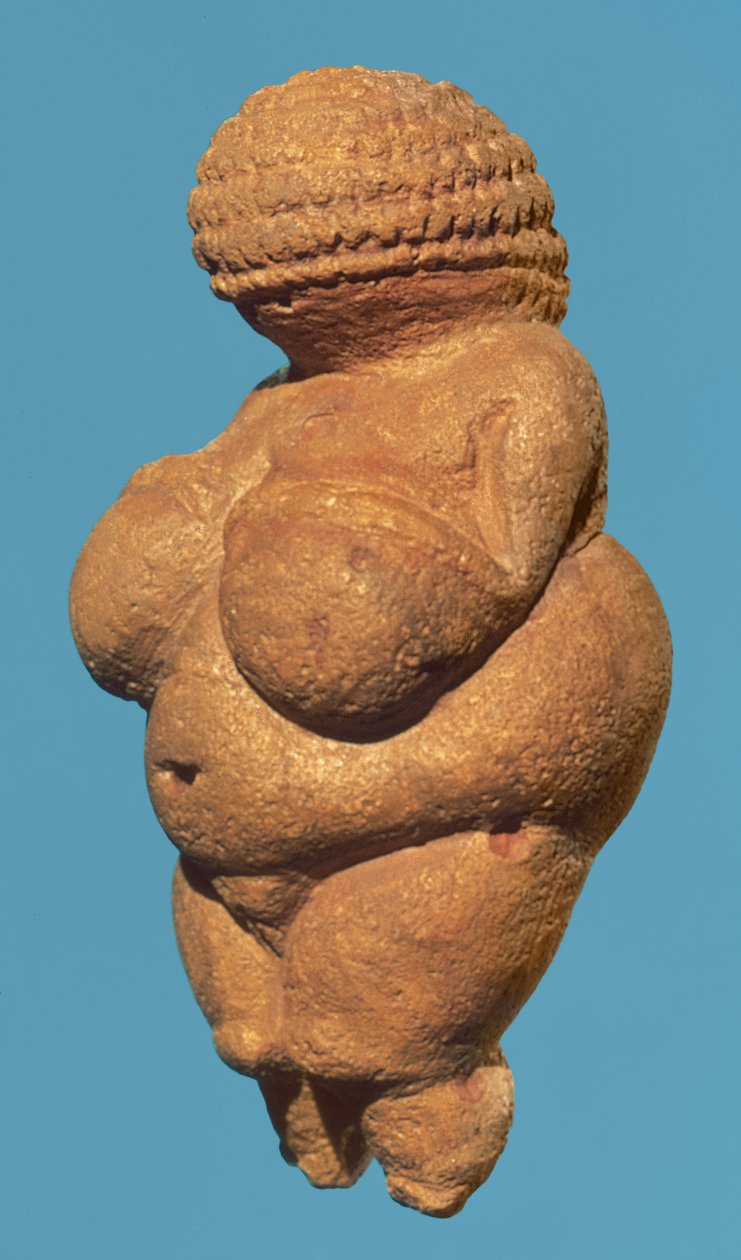 Wenus z Willendorfu, widok z boku figurki kobiety, kultura grawecka, okres górnego paleolitu, ok. 30000-18000 p.n.e. (wapień oolitowy barwiony czerwoną ochrą) (szczegóły patrz 93777) autorstwa Unbekannt Unbekannt