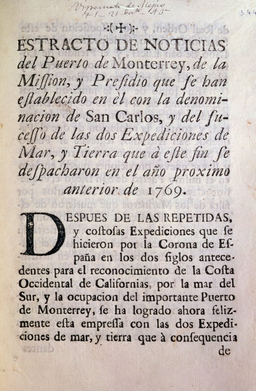 Pierwsza strona oficjalnej relacji z wyprawy Portola z lat 1769-70 (papier drukowany) autorstwa Unbekannt Unbekannt