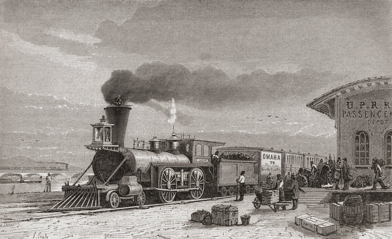 Stacja kolejowa w Omaha w stanie Nebraska, początek linii kolejowej Pacyfiku, tak jak w 1867 r., ilustracja ze „Świata w rękach”, rycina Charlesa Laplante (zm. 1903), opublikowana w 1878 r. (en autorstwa Unbekannt Unbekannt