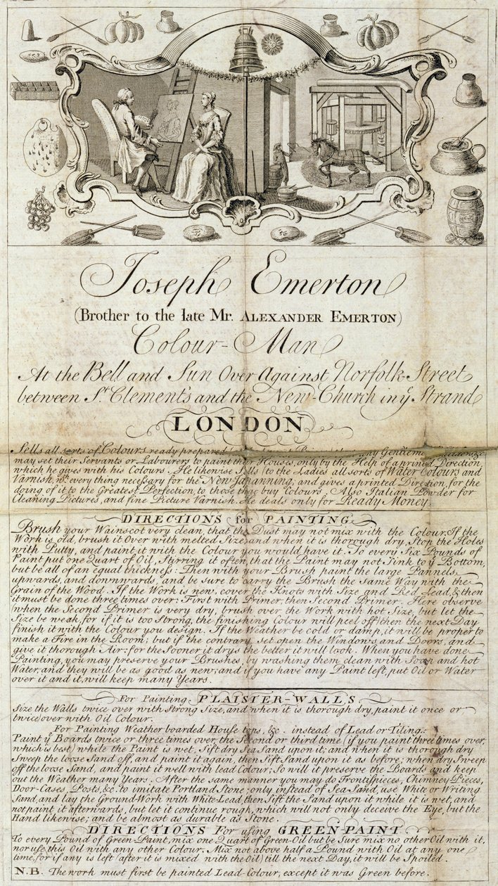 Arkusz handlowy Josepha Emertona, Color Man. materiały reklamowe dla malarzy i artystów, ok. 1744 (papier drukowany) autorstwa Unbekannt Unbekannt
