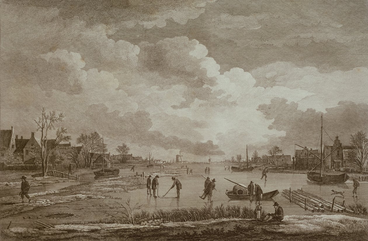 Zima, Golf na lodzie, miedzioryt Van Drevera, ok.1753 autorstwa Unbekannt Unbekannt