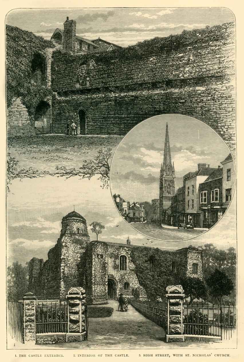 1. Zewnętrzna część zamku. 2. Wnętrze Zamku. 3. High Street, z kościołem św. Mikołaja, 1898 autorstwa Unbekannt