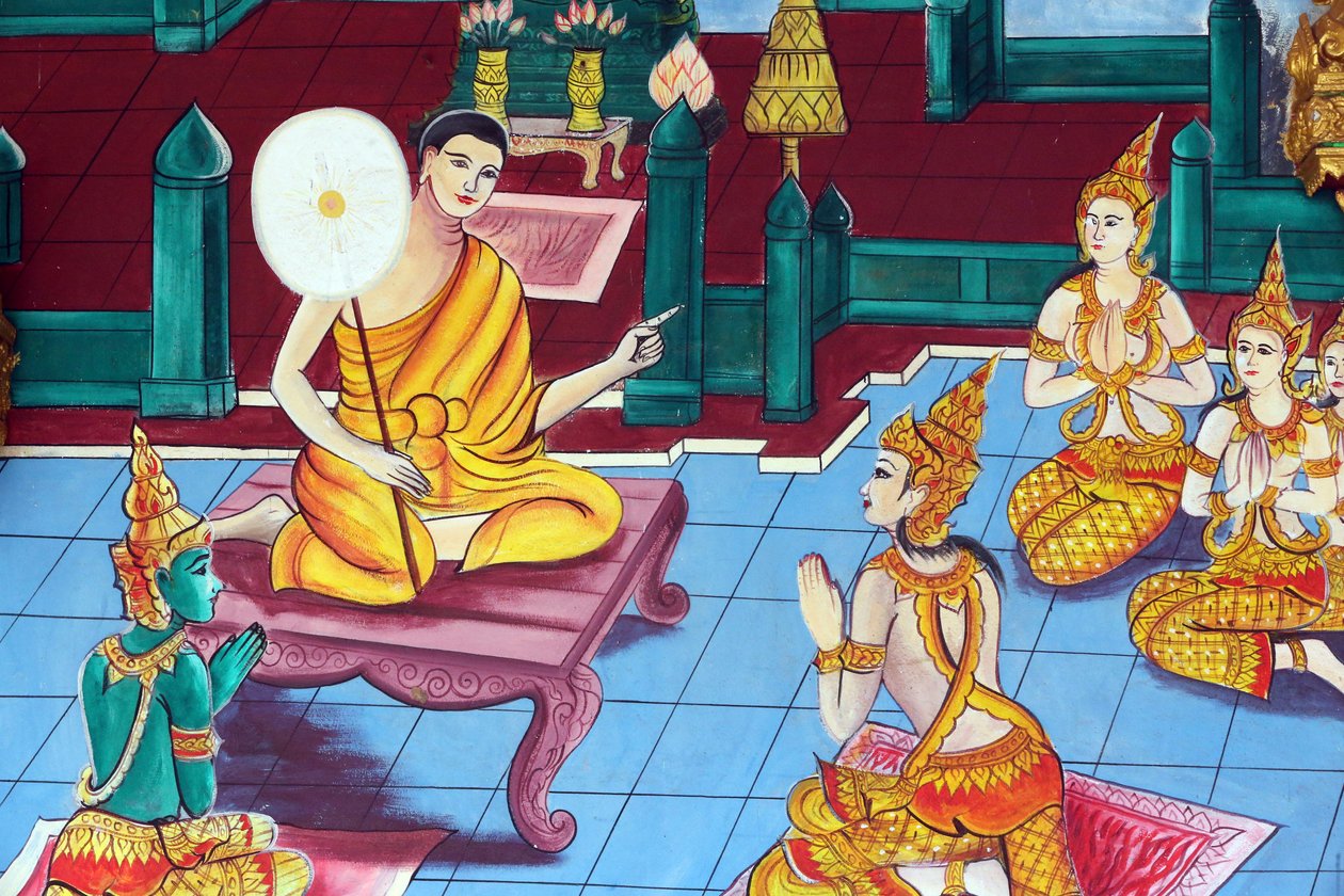 20151029, Vientiane, Laos: świątynia buddyjska Wat Inpeng. Obraz przedstawiający historię życia Buddy Siakjamuniego autorstwa Unbekannt