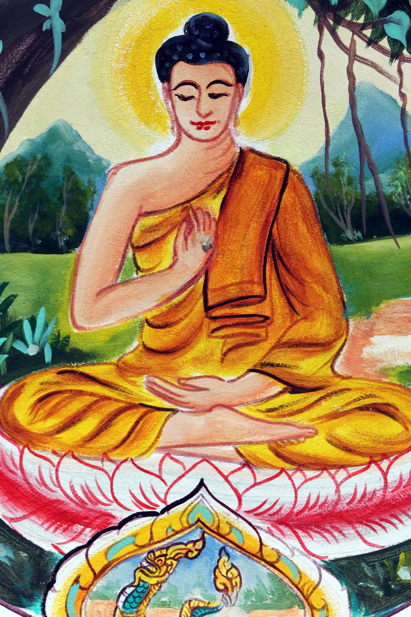 20151029, Vientiane, Laos: świątynia buddyjska Wat Inpeng. Obraz przedstawiający historię życia Buddy Siakjamuniego. Nauczający Budda przedstawia szczególny moment z życia Buddy, a mianowicie pierwsze kazanie wygłoszone przez Buddę po osiągnięciu Oświeceni autorstwa Unbekannt