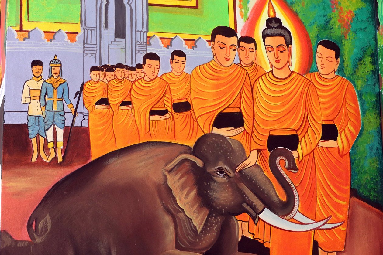 20151029, Vientiane, Laos: świątynia buddyjska Wat Si Muang (Simuong). Obraz przedstawiający historię życia Buddy Siakjamuniego. Dziki słoń oswojony przez miłującą dobroć autorstwa Unbekannt