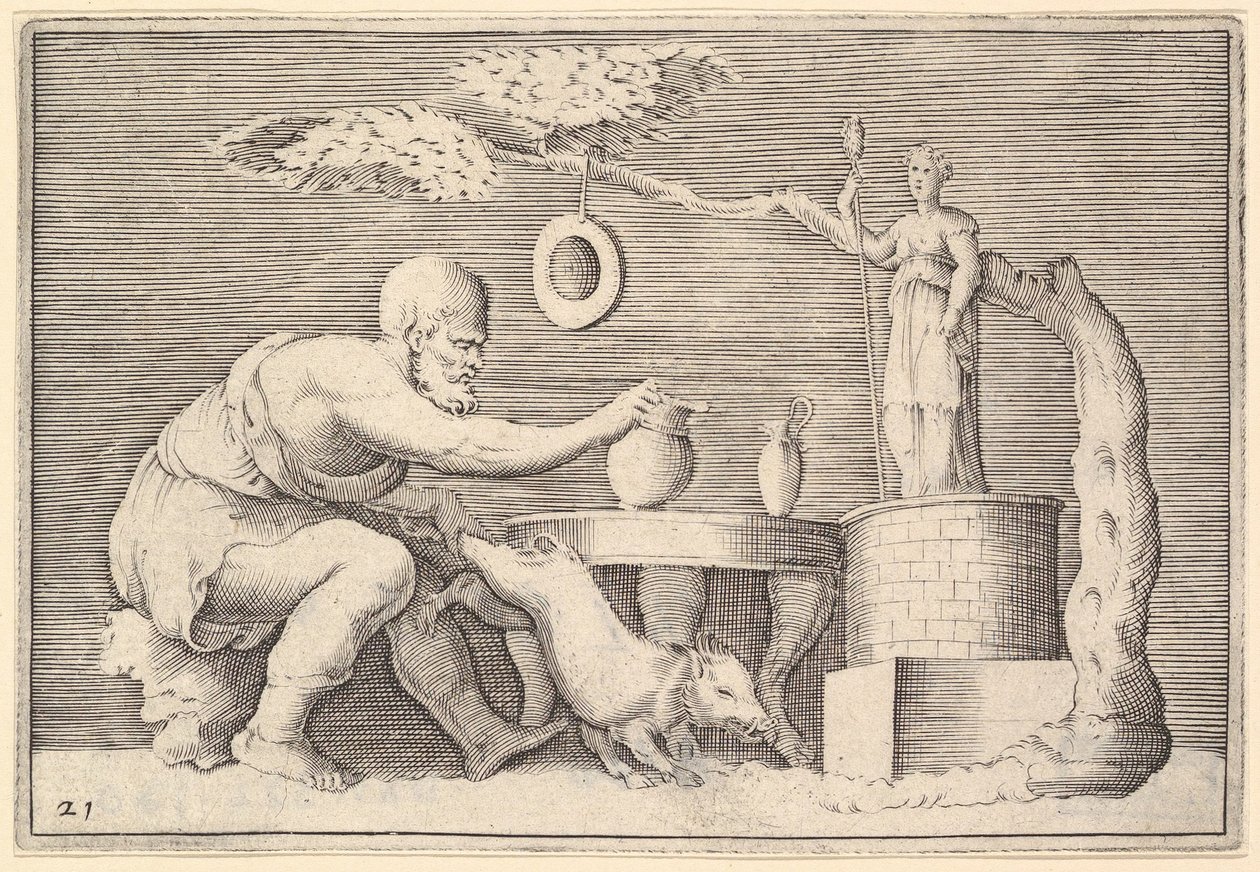 Faun lub satyr szykujący świnię do ofiary, wyd. 1599-1622. autorstwa Unbekannt