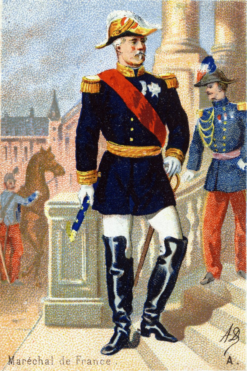O: Marechal Francji. Grawerowanie w "Alfabecie wojskowym". Inicjały ilustratora: A. D. Wydawca nieznany. Chromolitografie z końca XIX wieku. Wymiary: 10,5x7cm . autorstwa Unbekannt