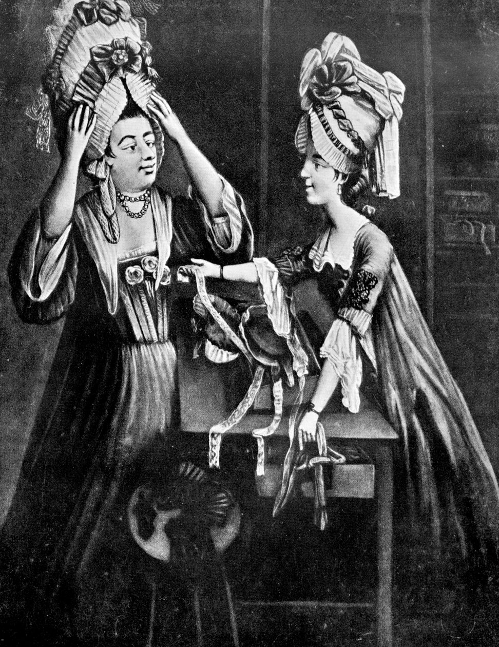 Sklep Milliners, pani Monopolize, żona rzeźnika, kupuje nowoczesne nakrycie głowy, 1772 autorstwa Unbekannt