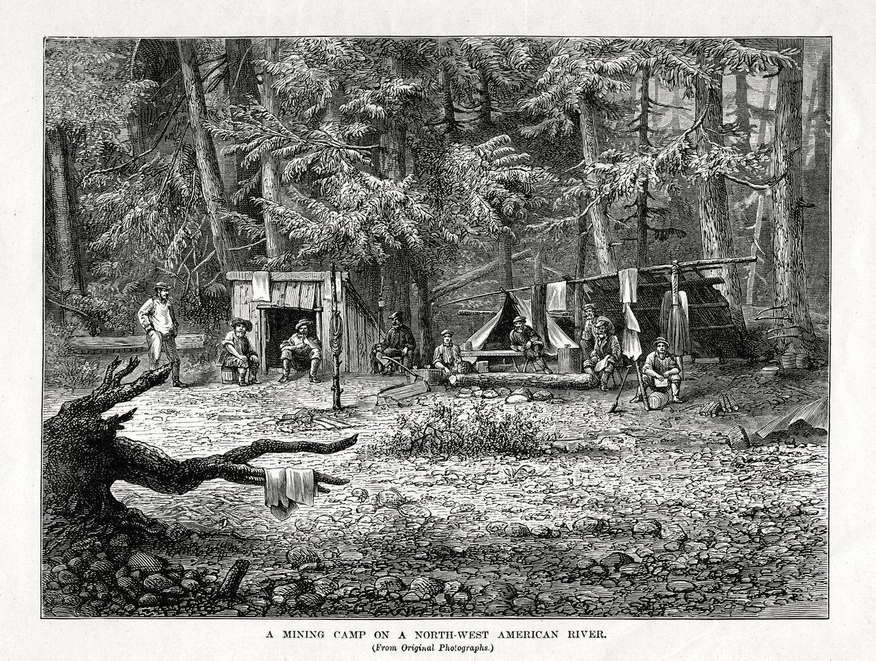 Obóz górniczy na rzece północno-zachodniej Ameryki, 1877 r. autorstwa Unbekannt