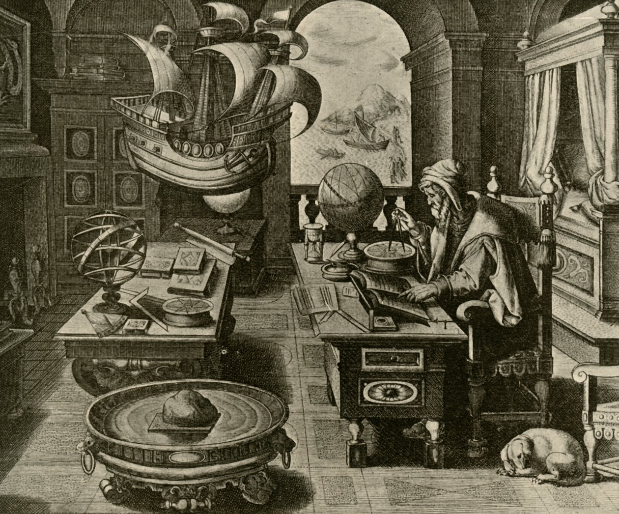 Ekspert od nawigacji w pracy w swoim gabinecie z Globe and Compass, c1591, 1928. autorstwa Unbekannt