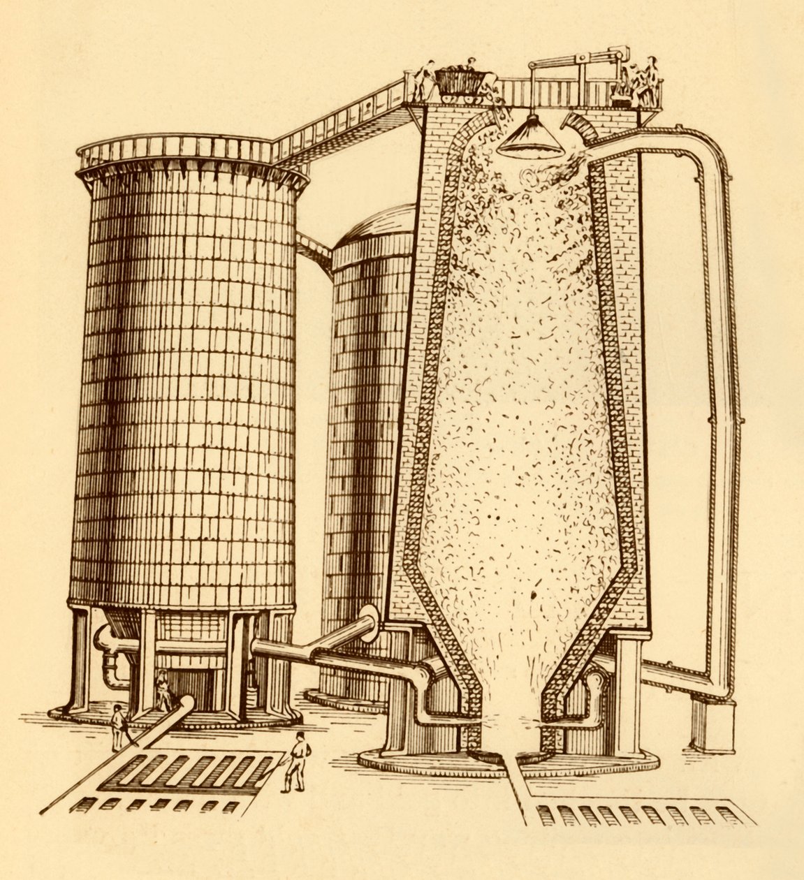 Zestaw nowoczesnych wielkich pieców pokazany w przekroju, ok. 1930 r. autorstwa Unbekannt