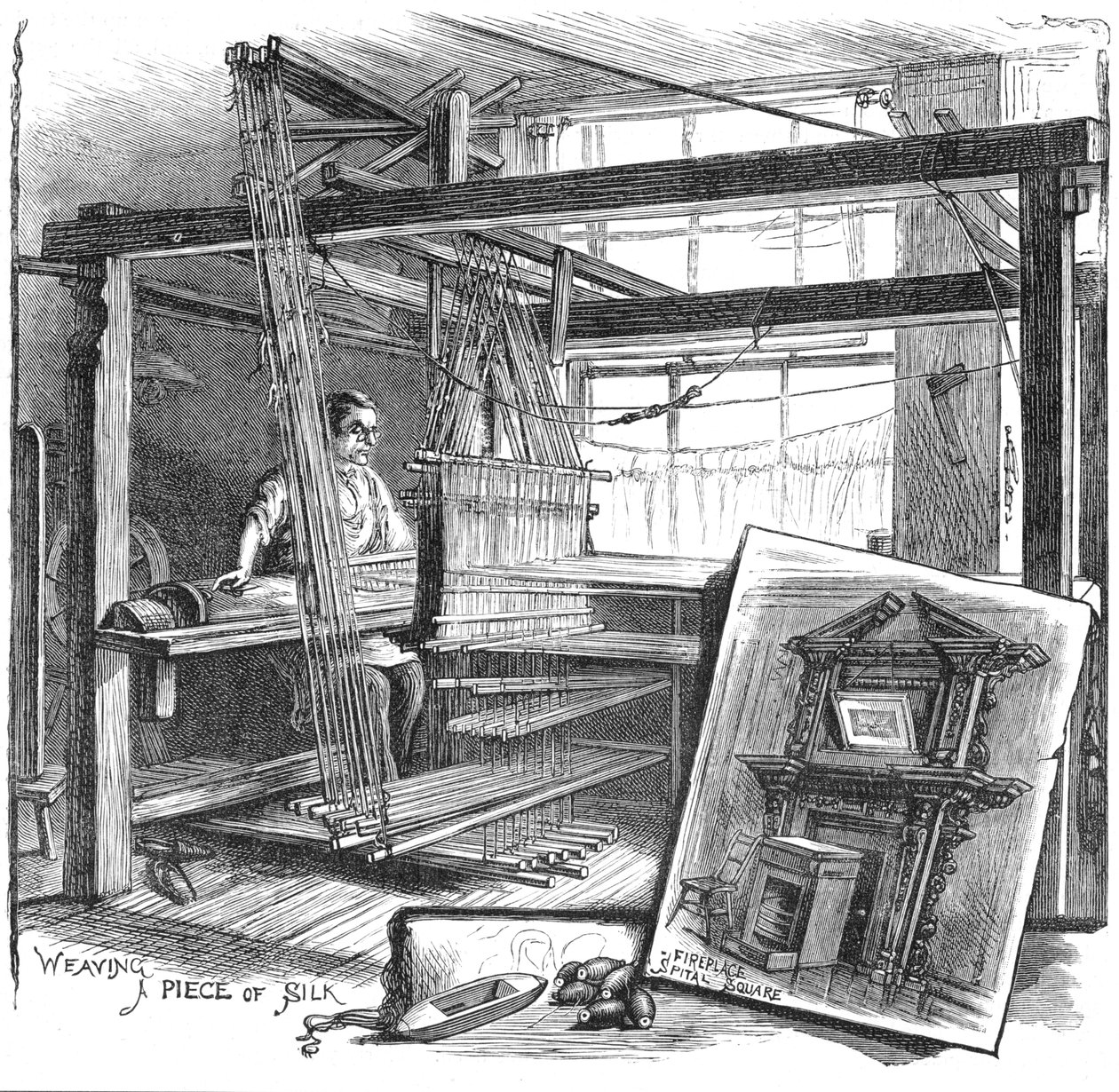 Tkacz jedwabiu ze Spitalfields na swoim ręcznym krośnie, 1884 autorstwa Unbekannt